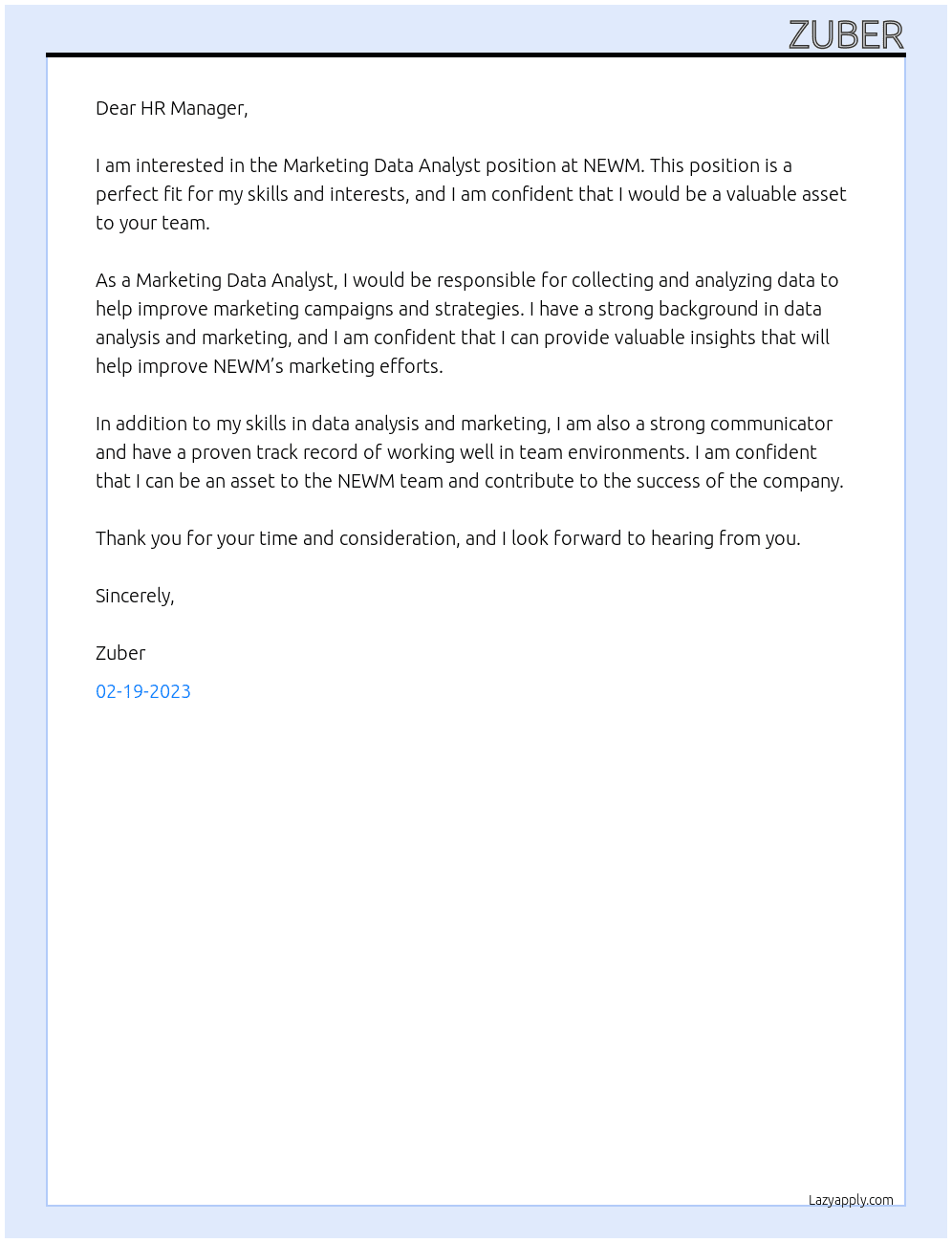 Marketing Data Analyst At NEWM Cover Letter