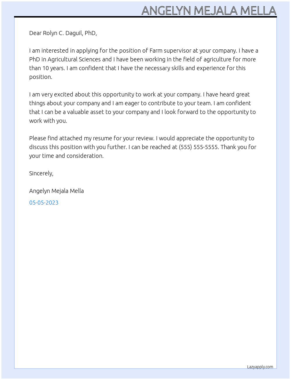 Farm supervisor  At Farm supervisor  Cover Letter