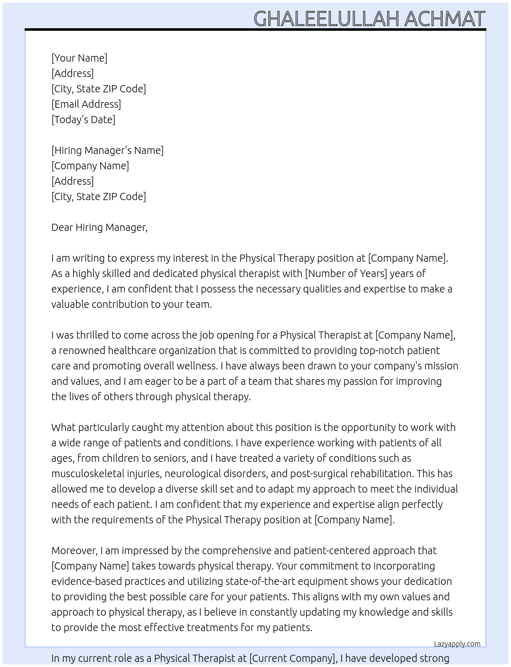 Physical therapy  At Physical Therapist Cover Letter