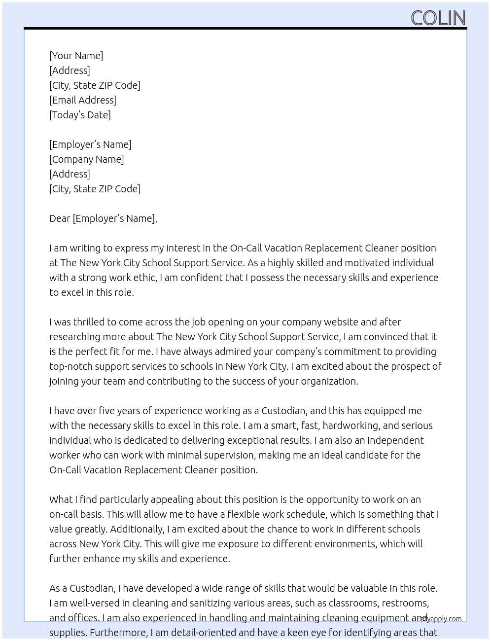 On-Call Vacation Replacement Cleaner At The New York City School Support Service  Cover Letter