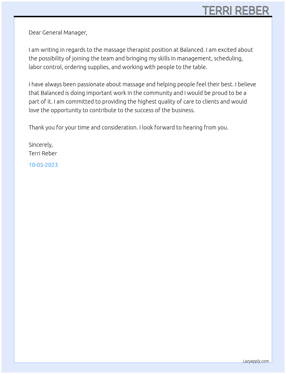 Massage therapist  At Balanced  Cover Letter
