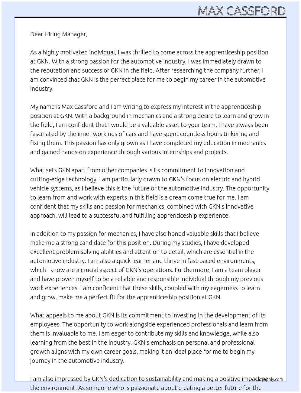 Apprenticeship  At GKN Cover Letter