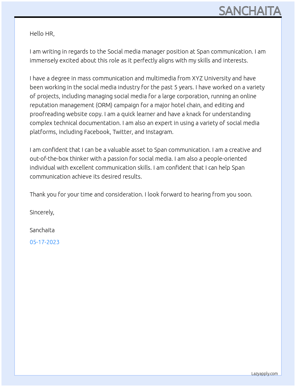 Social media manager  At Span communication  Cover Letter
