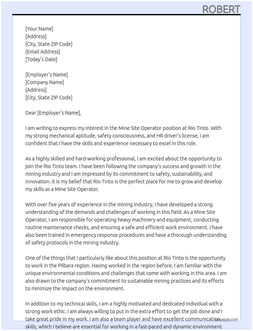 Cover letter for mine site operator - LazyApply
