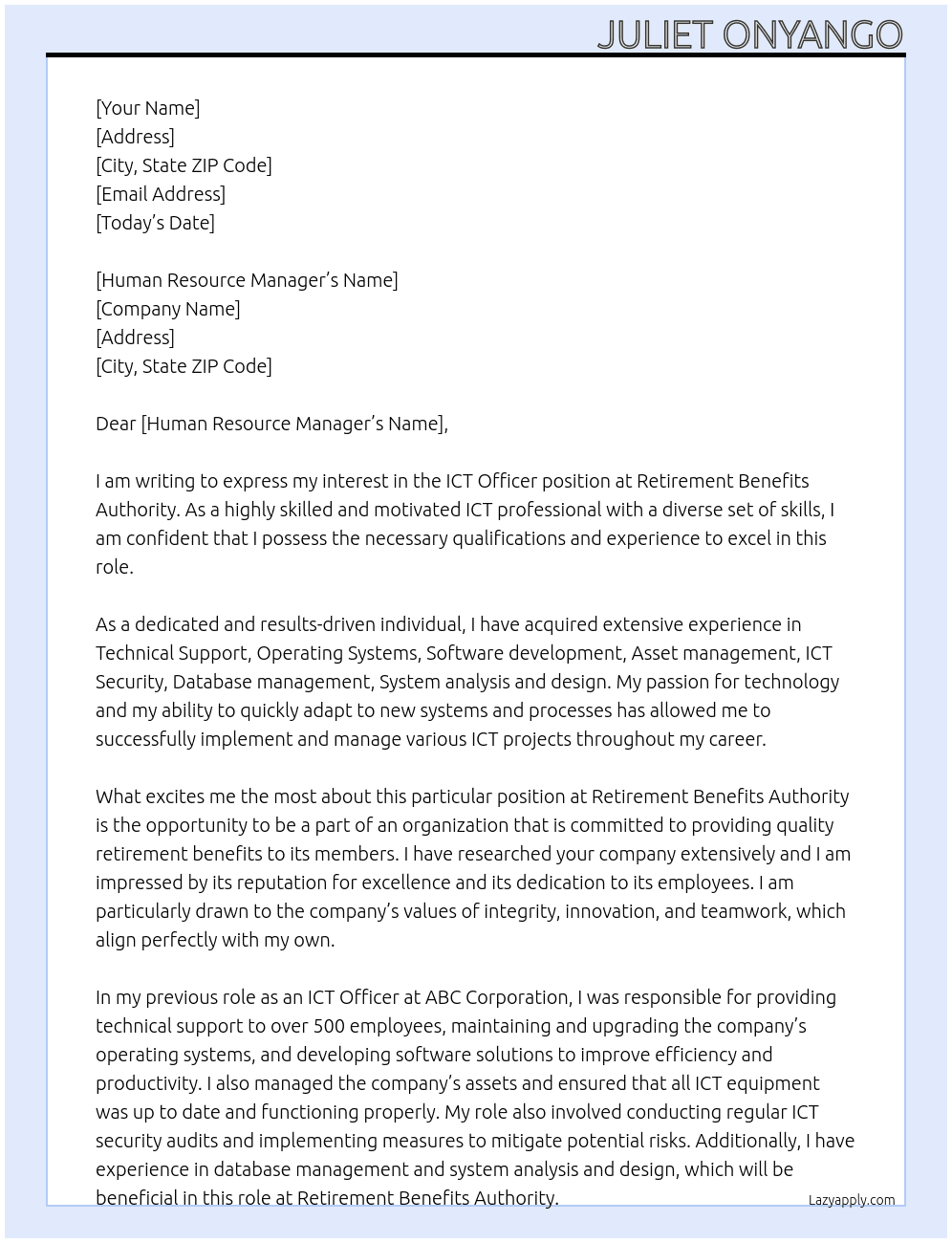 ICT Officer At Retirement Benefits Authority Cover Letter