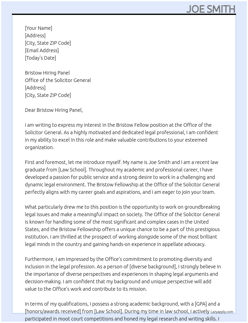 Bristow Fellow At Office of the Solicitor General Cover Letter