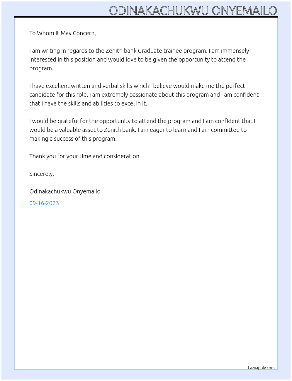 Zenith bank Graduate trainee program  At Zenith bank Nigeria  Cover Letter