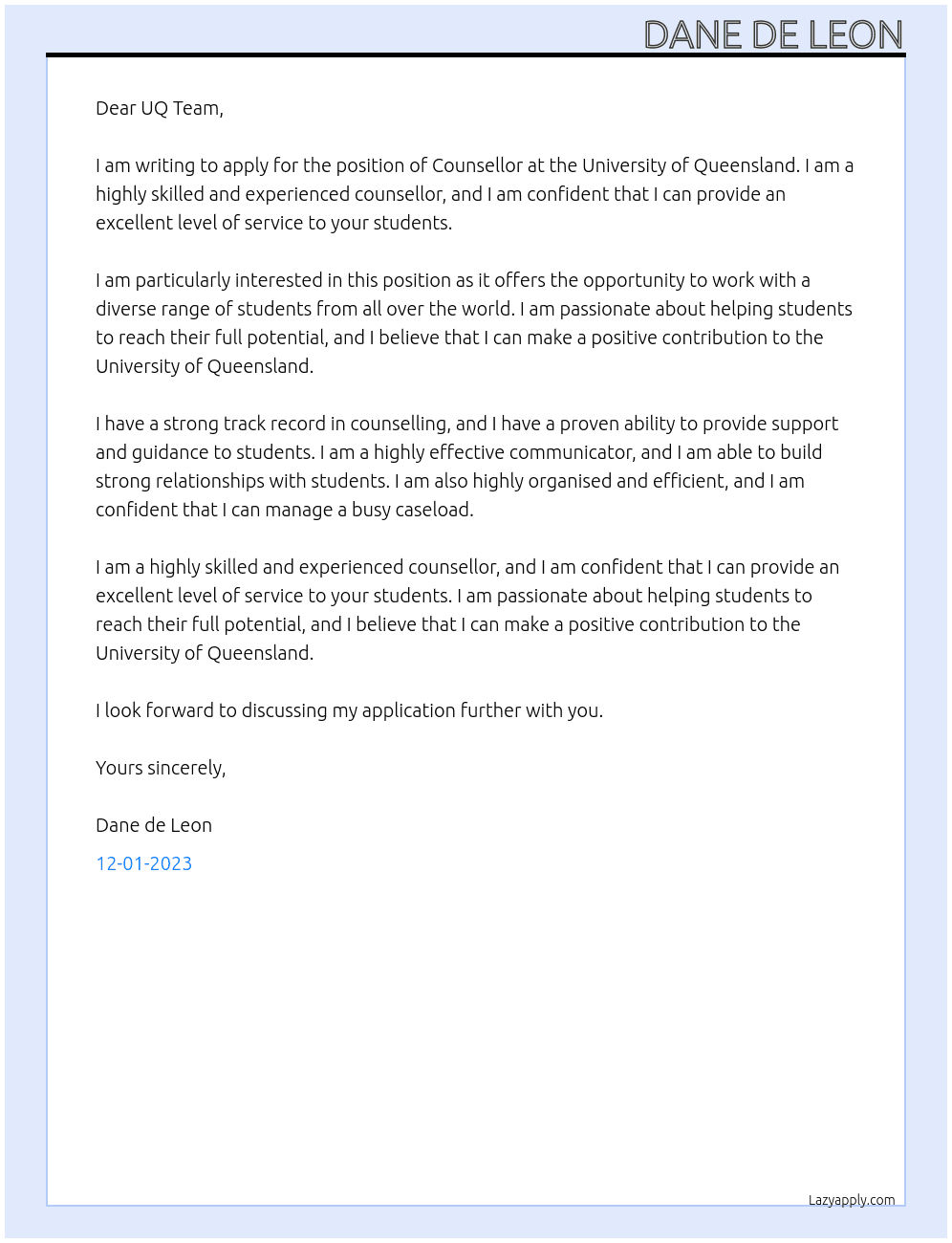 Counsellor At University of Queensland Cover Letter