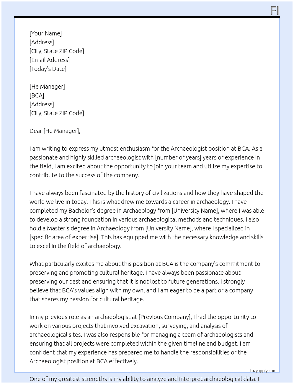 Archaeologist  At BCA Cover Letter