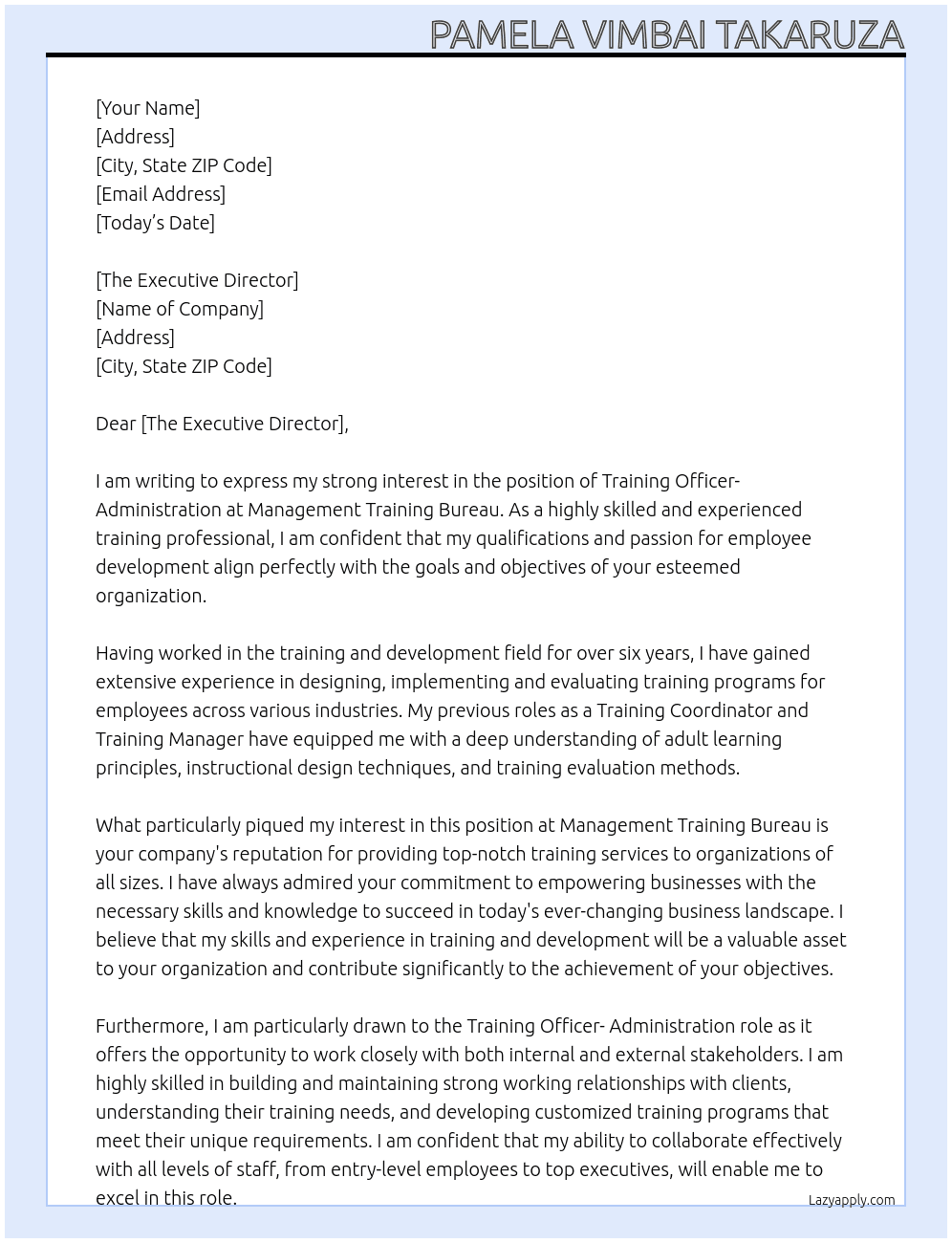 Training Officer - Administration  At Management Training Bureau Cover Letter