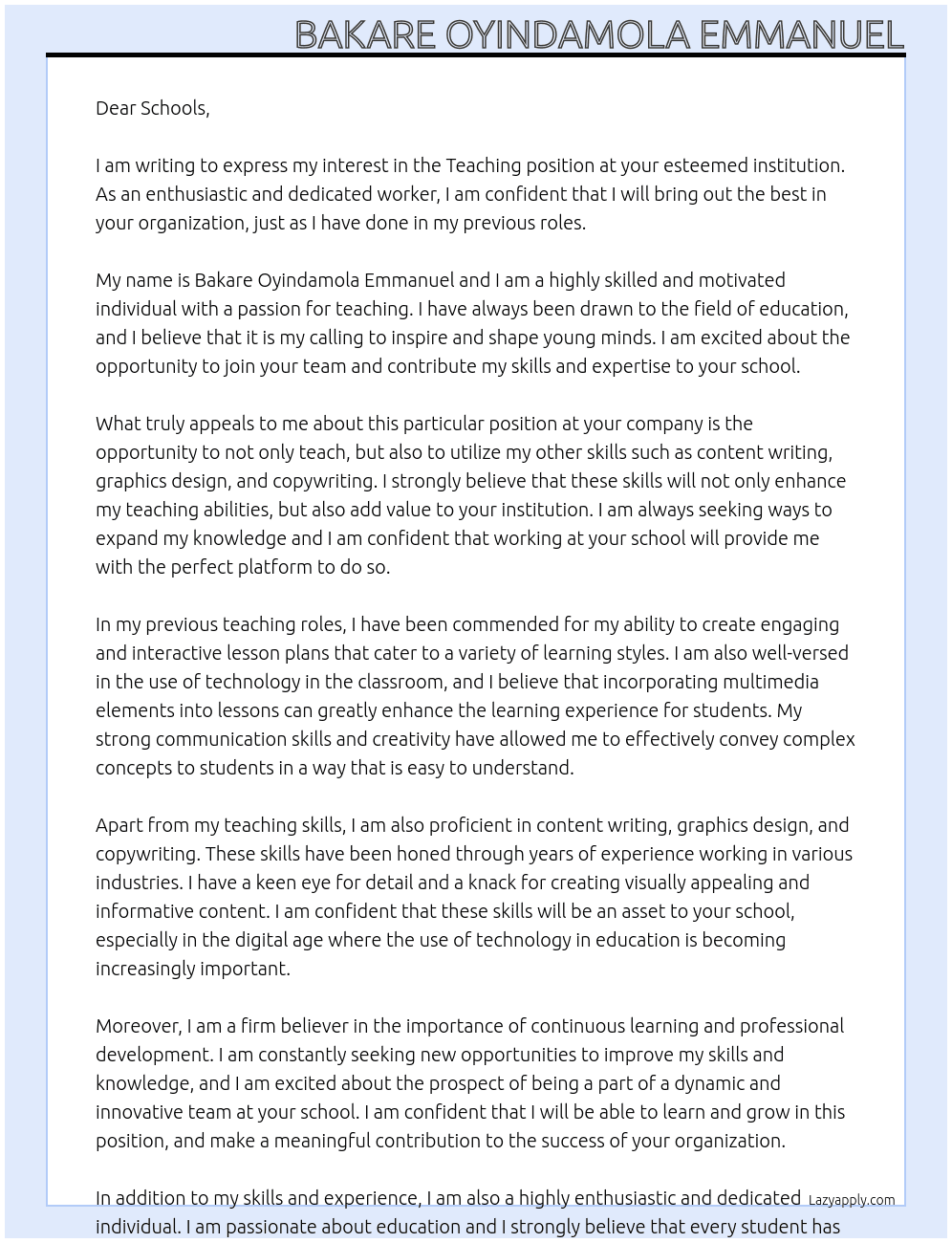 TEACHING At SCHOOLS Cover Letter