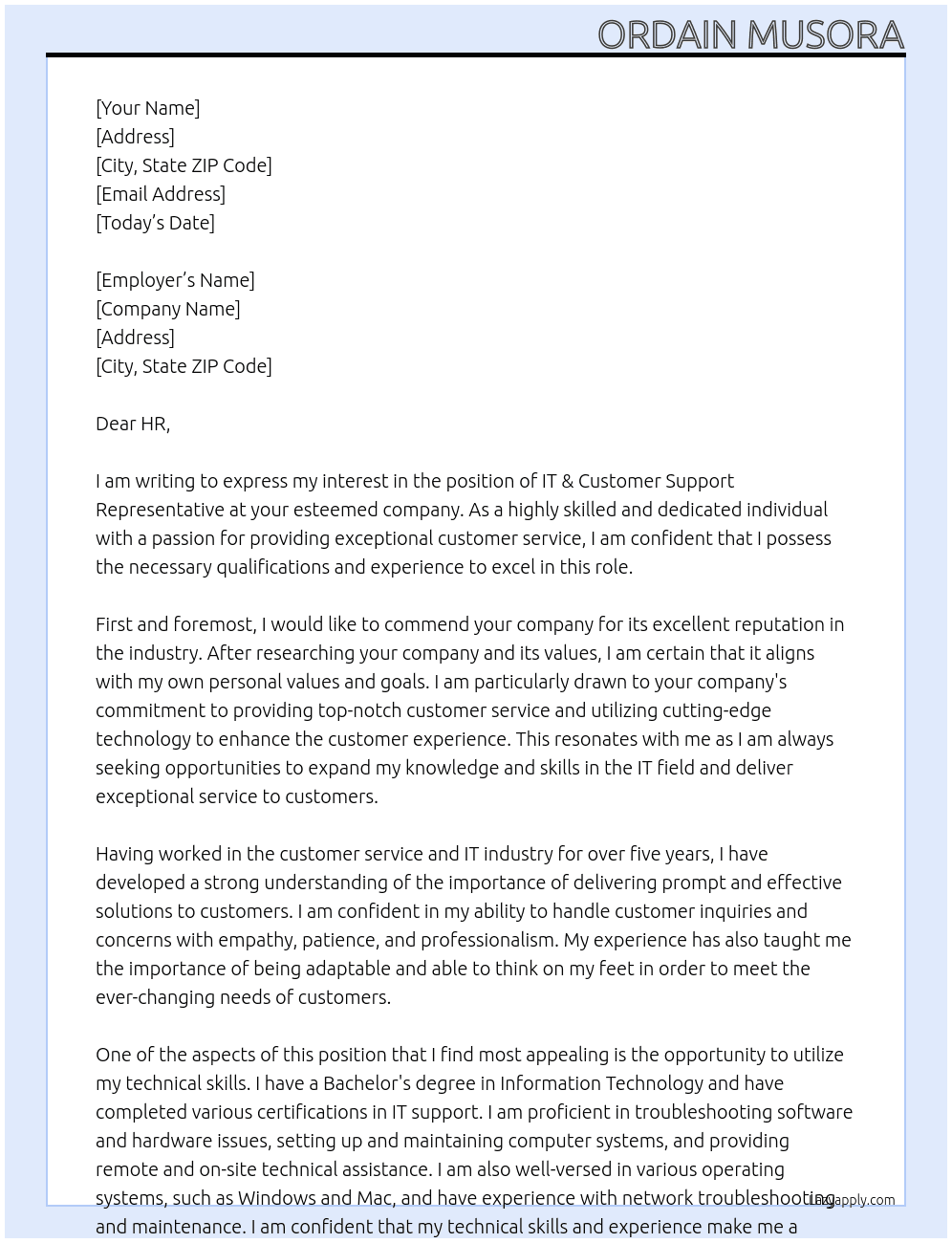 Cover letter for it & customer support representative - LazyApply