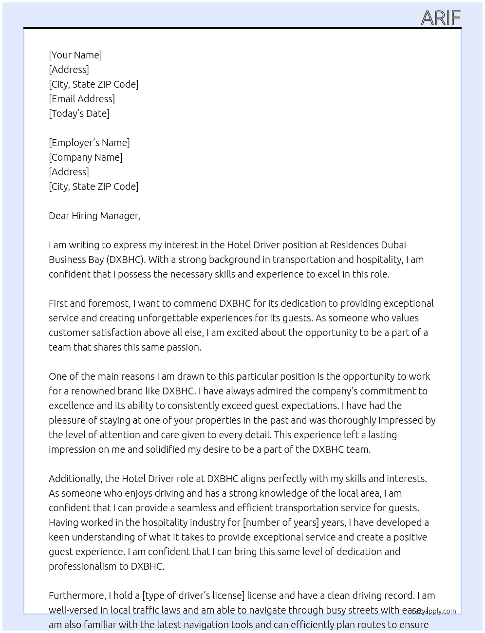 Hotel Driver At Residences Dubai Business Bay (DXBHC), Dubai Business Bay Cover Letter