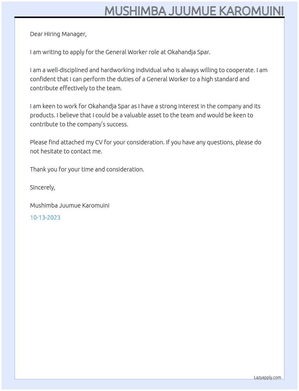 General Worker At Okahandja Spar Cover Letter