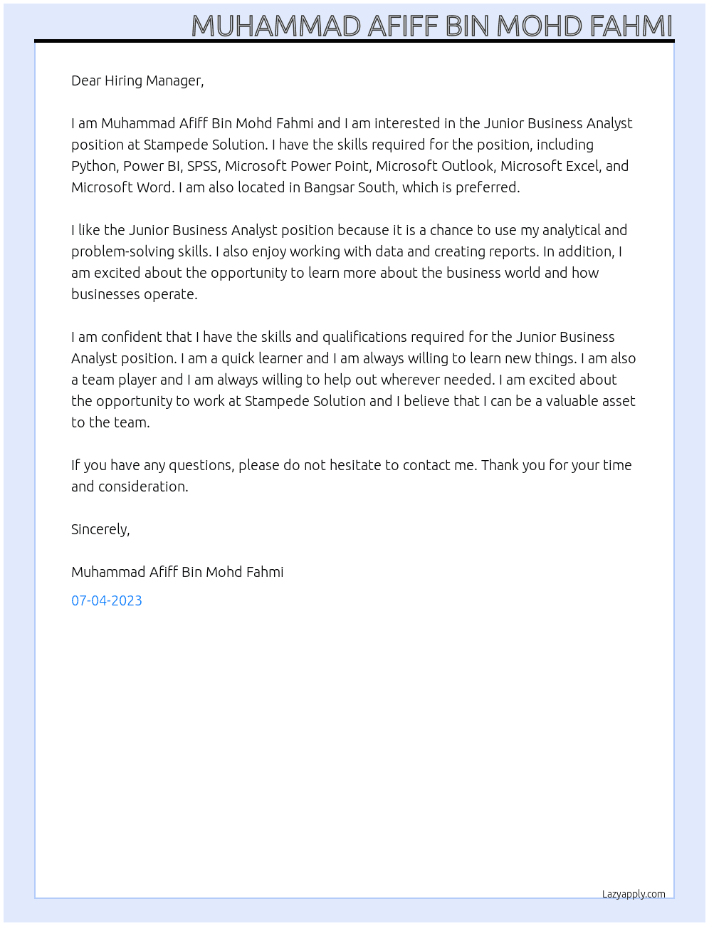 Junior Business Analyst At Stampede Solution Cover Letter