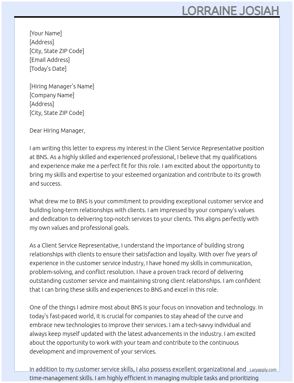 Client Service Representative At BNS Cover Letter