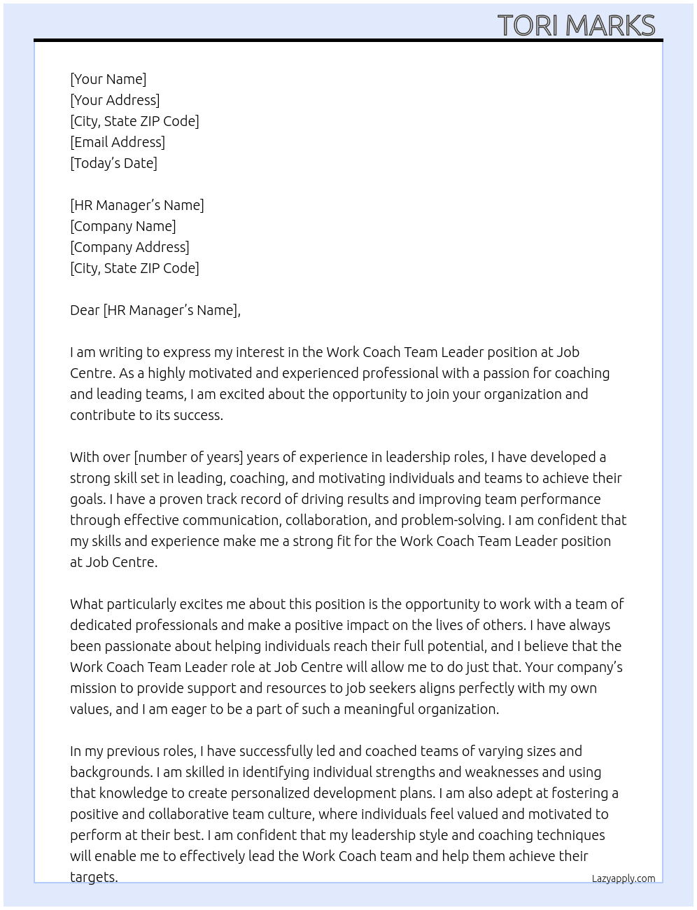 Work coach team leader  At Job centre  Cover Letter