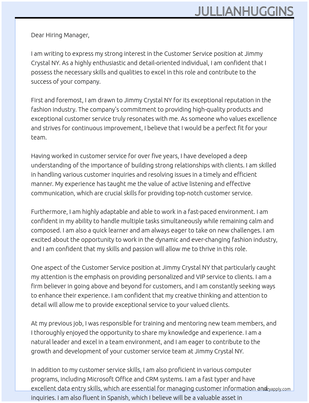 Customer service  At Jimmy Crystal NY Cover Letter