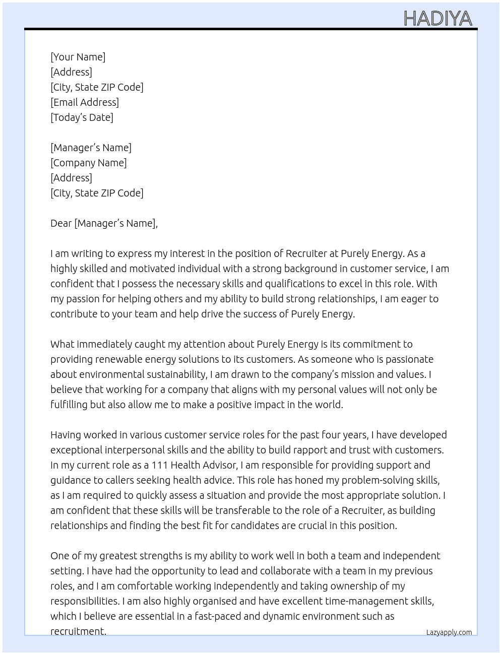 recruiter  At purely energy  Cover Letter