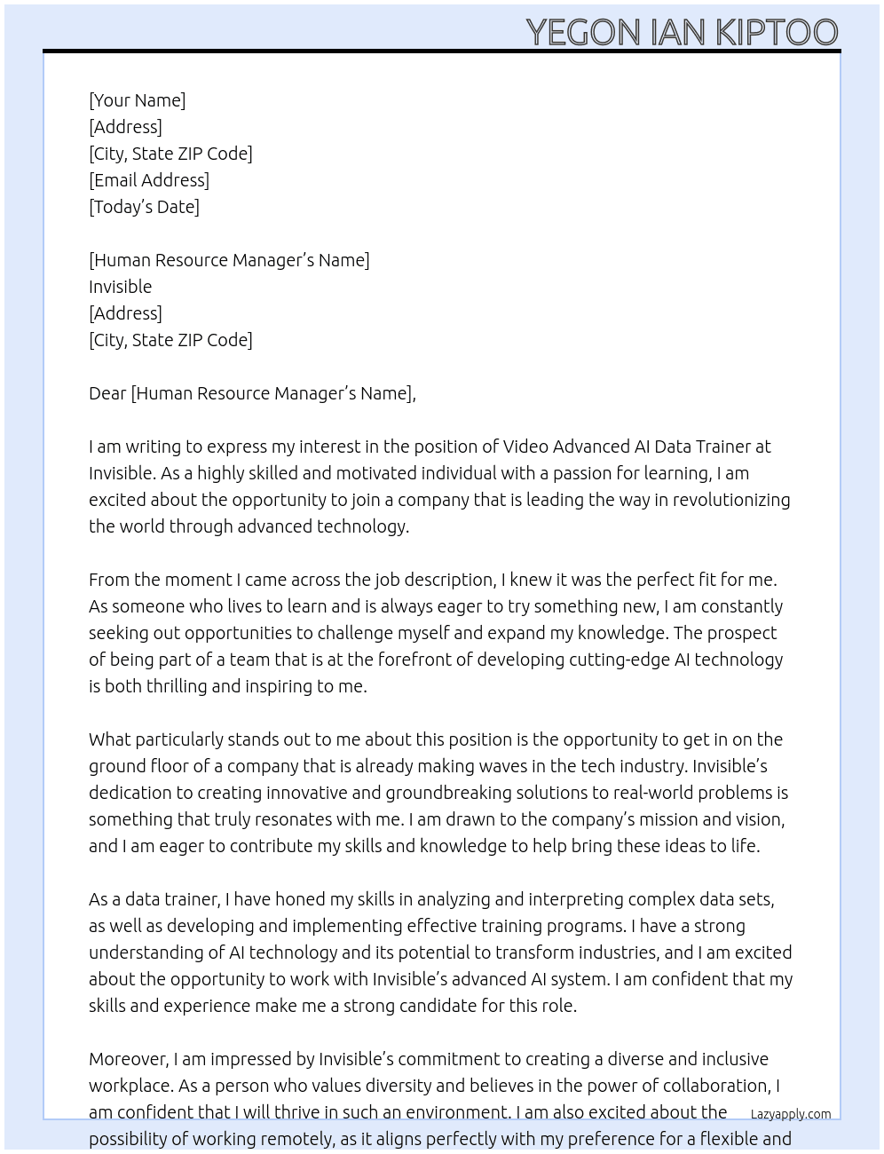 Video Advanced AI Data Trainer At Invisible Cover Letter