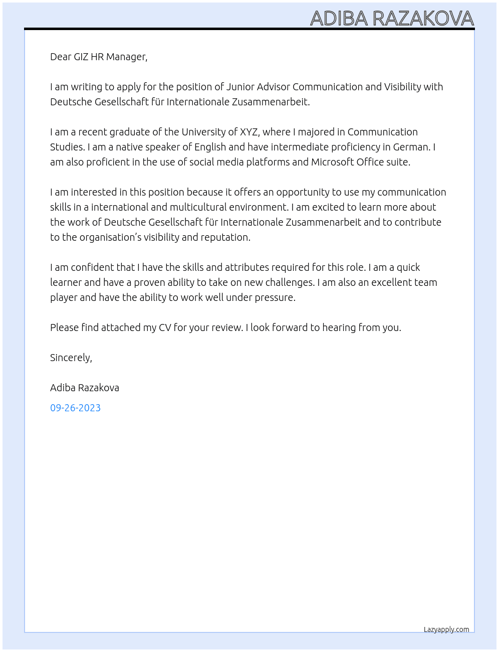 Junior Advisor Communication and Visibility At Deutsche Gesellschaft für Internationale Zusammenarbeit Cover Letter