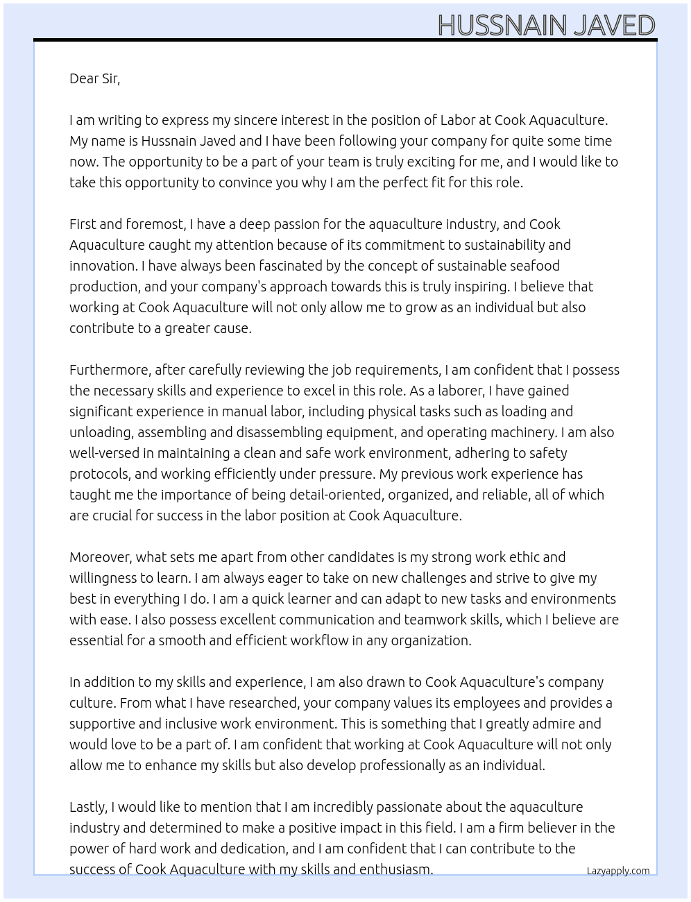 Labor  At Cook aquaculture Cover Letter