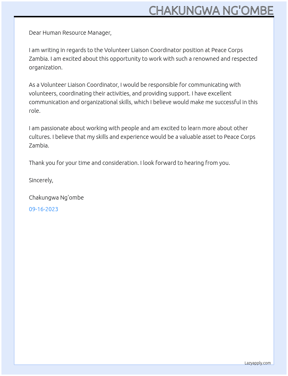 Volunteer Liaison Coordinator At Peace Corps Zambia Cover Letter