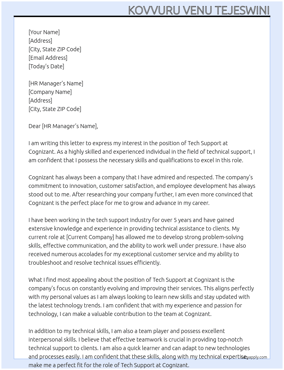 Tech support At cognizent Cover Letter