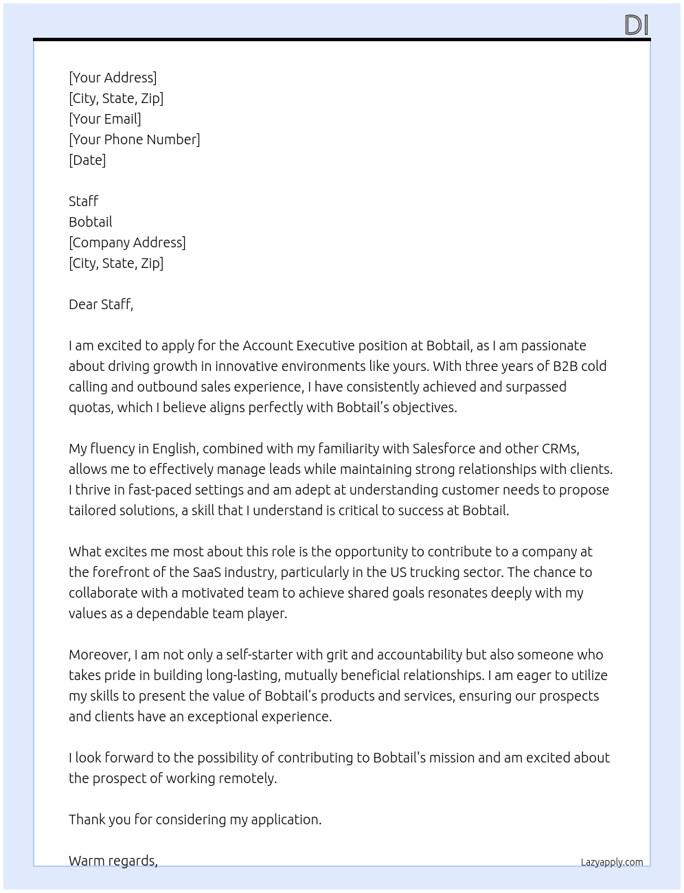Account Executive At Bobtail Cover Letter