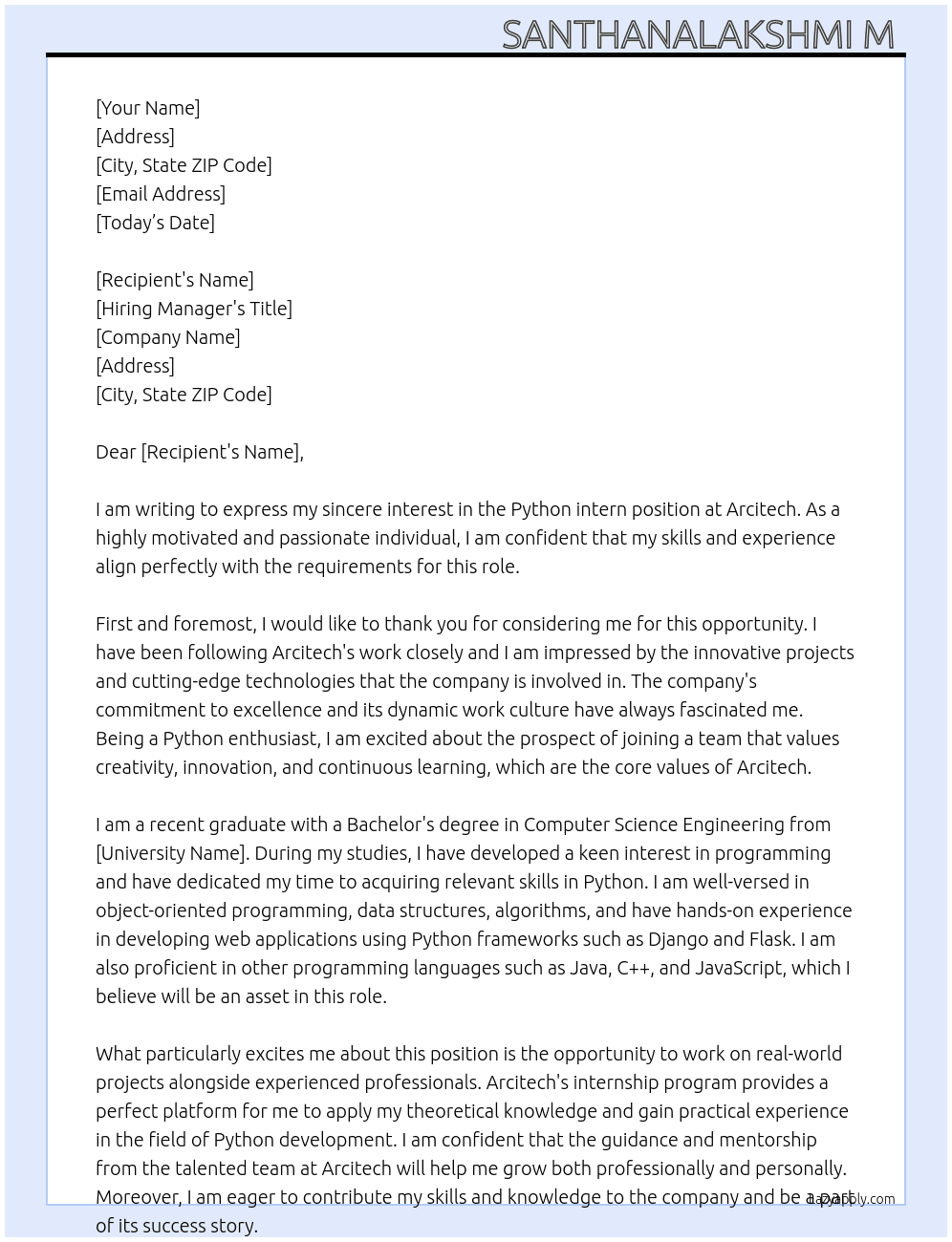 Python intern  At Arcitech Cover Letter