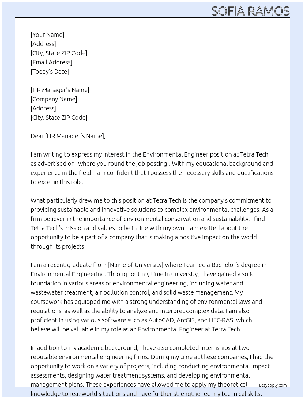 Environmental engineer  At Tetra Tech Cover Letter