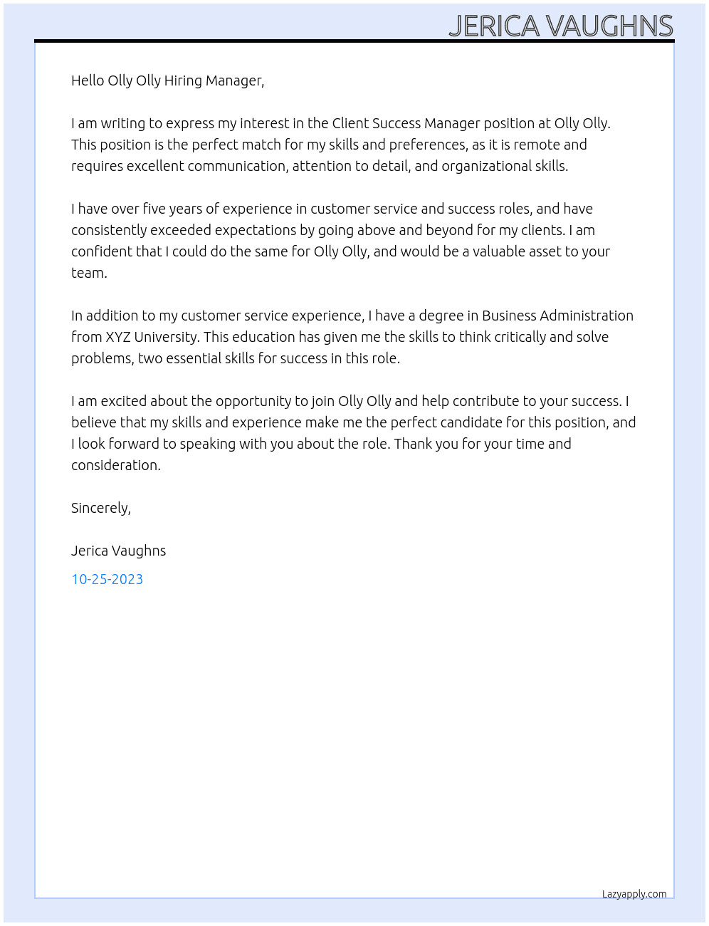 Client Success Manager  At Olly Olly Cover Letter