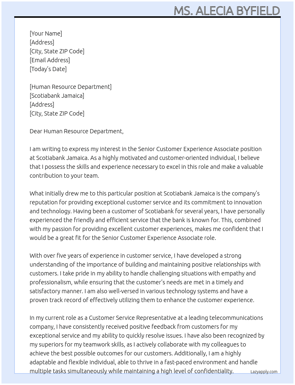 Senior Customer Experience Associate At Scotiabank Jamaica Cover Letter