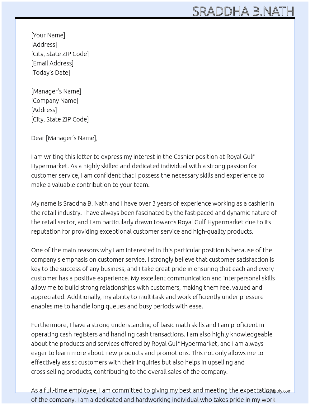 Cashier At Royal Gulf Hypermarket  Cover Letter
