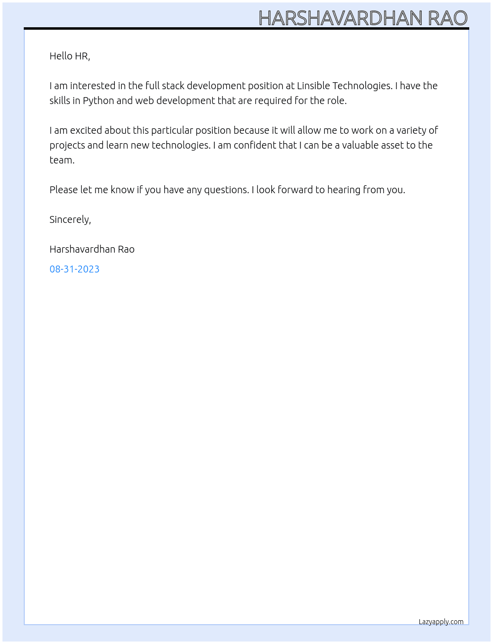 Full stack development At Linsible Technologies Cover Letter