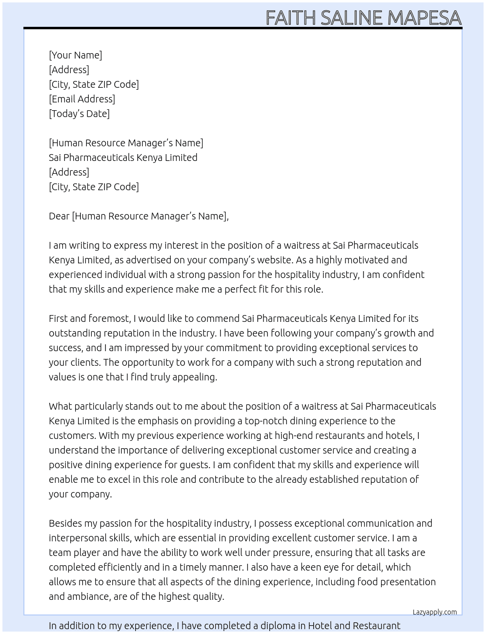 waitress At sai phamaceuticals kenya limited Cover Letter