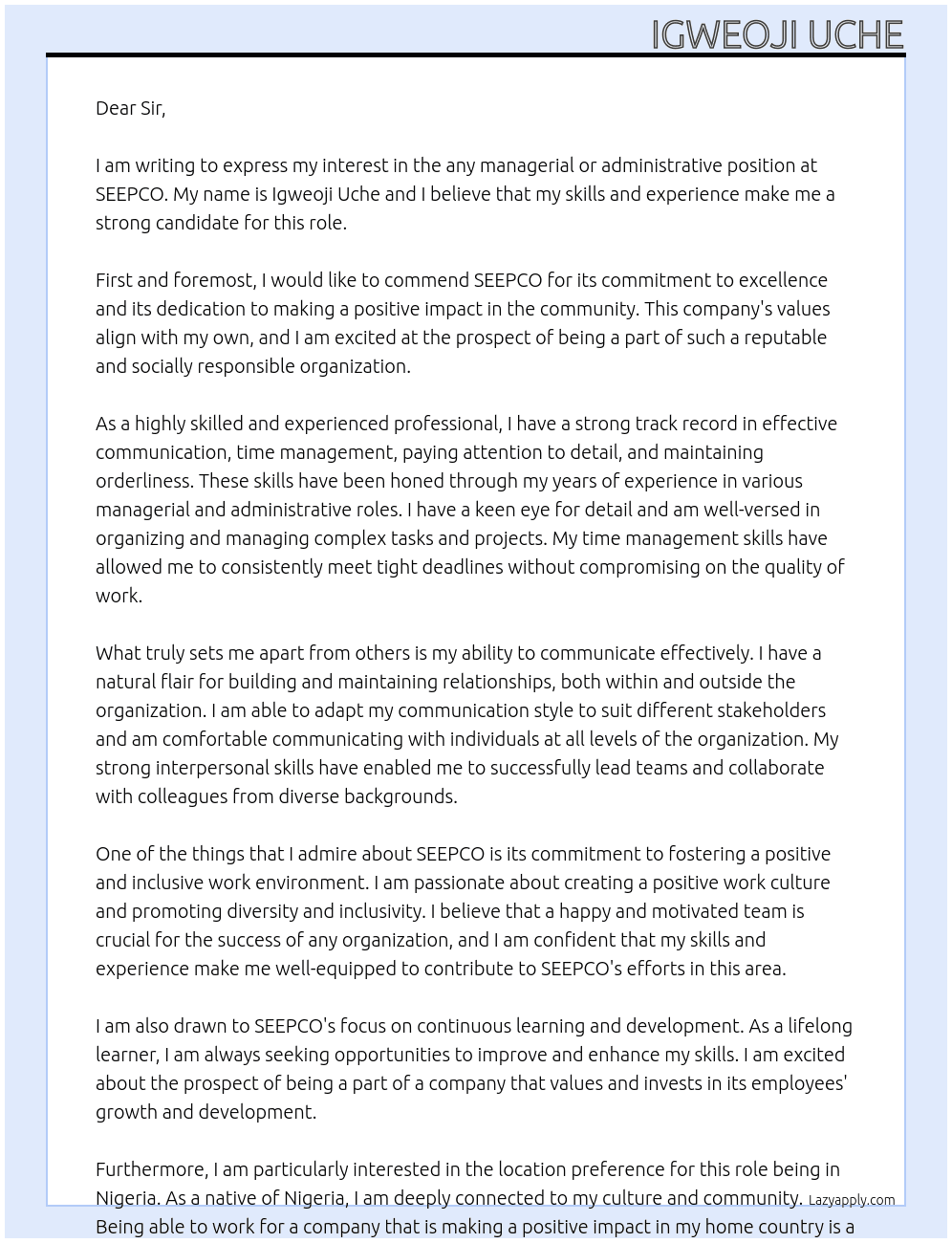 Any managerial or administrative position  At SEEPCO Cover Letter