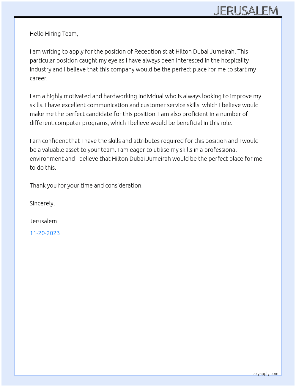 Receptionist  At Hilton Dubai Jumeirah Cover Letter