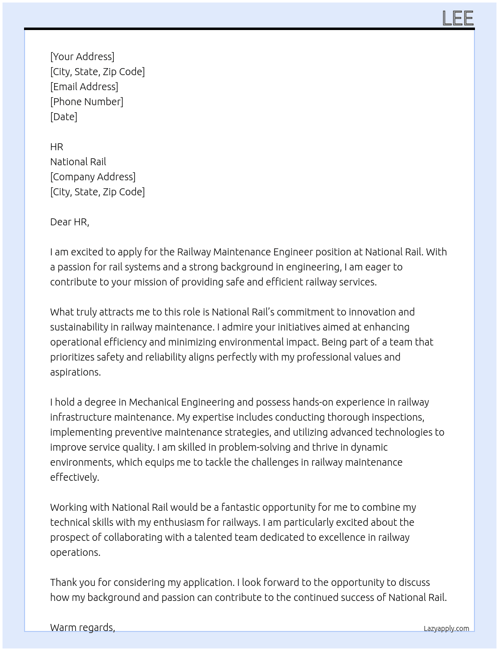 Railway maintenance engineer At National Rail Cover Letter