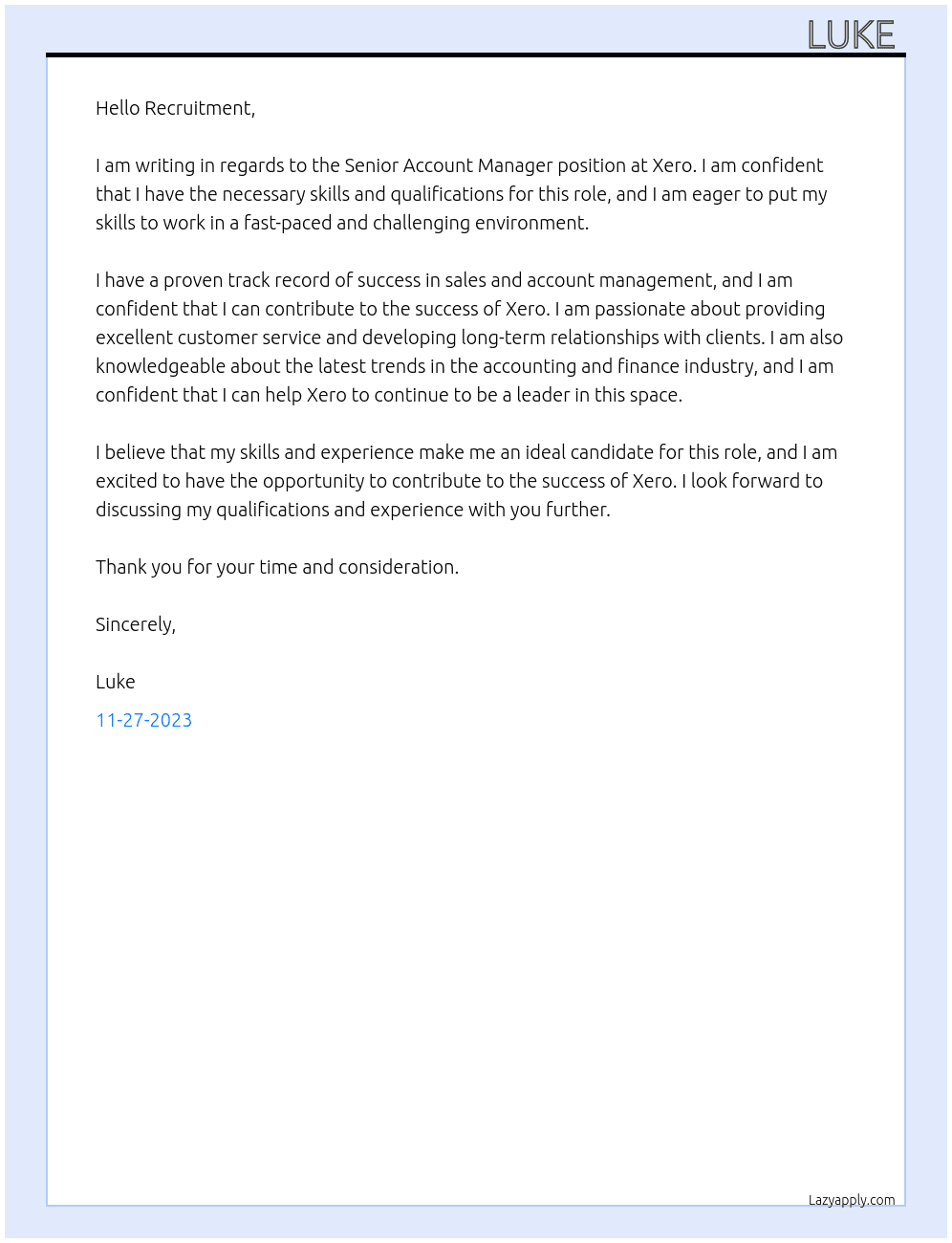 Seniro Account Manager  At Xero Cover Letter