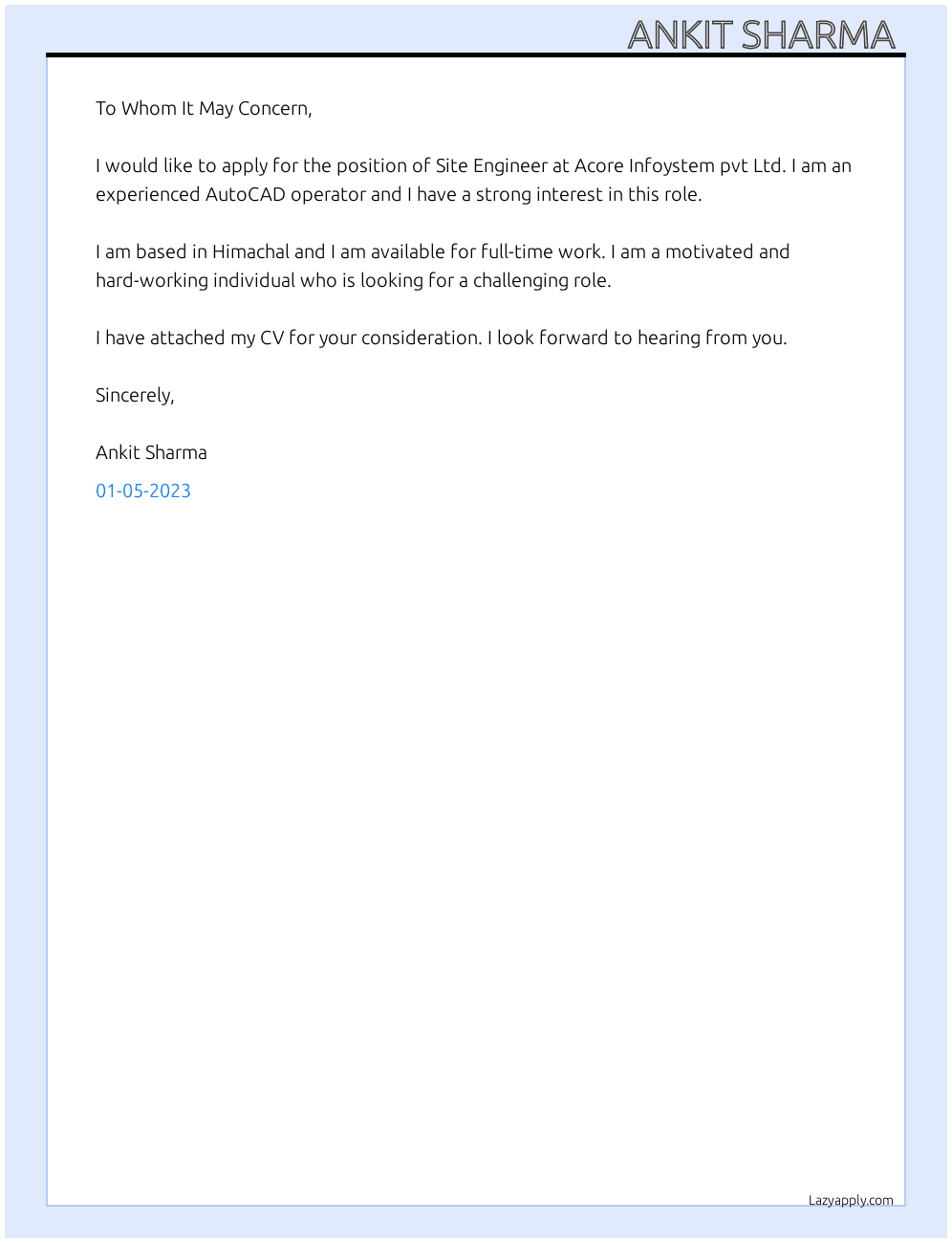 Site Engineer  At Acore Infoystem pvt Ltd  Cover Letter