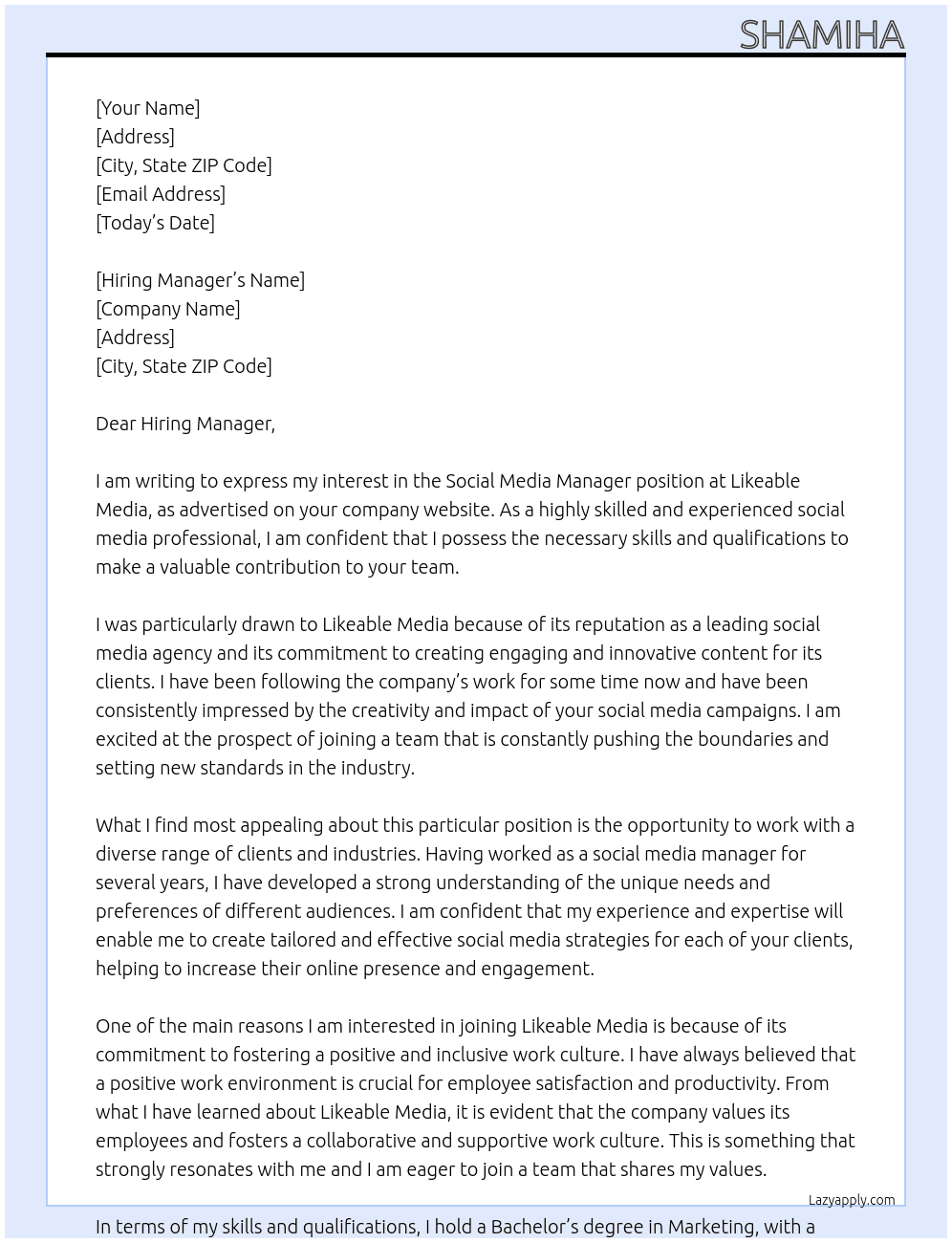 Social Media Manager At Likeable Media Cover Letter