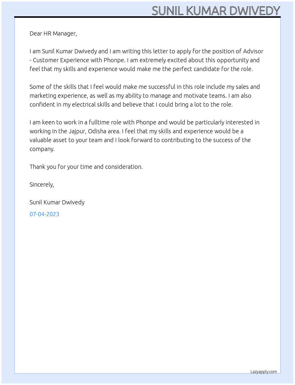 Advisor  customer experience At Phonpe Cover Letter