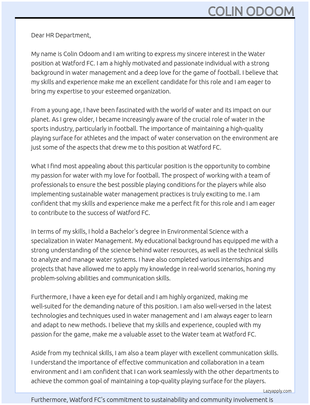 Water At Watford fc Cover Letter
