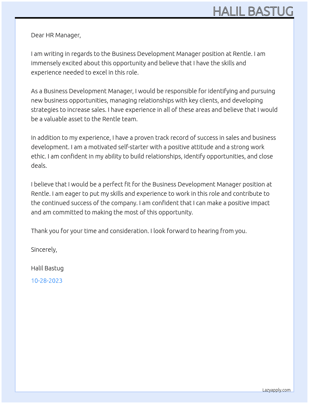 Business Development Manager At Rentle Cover Letter