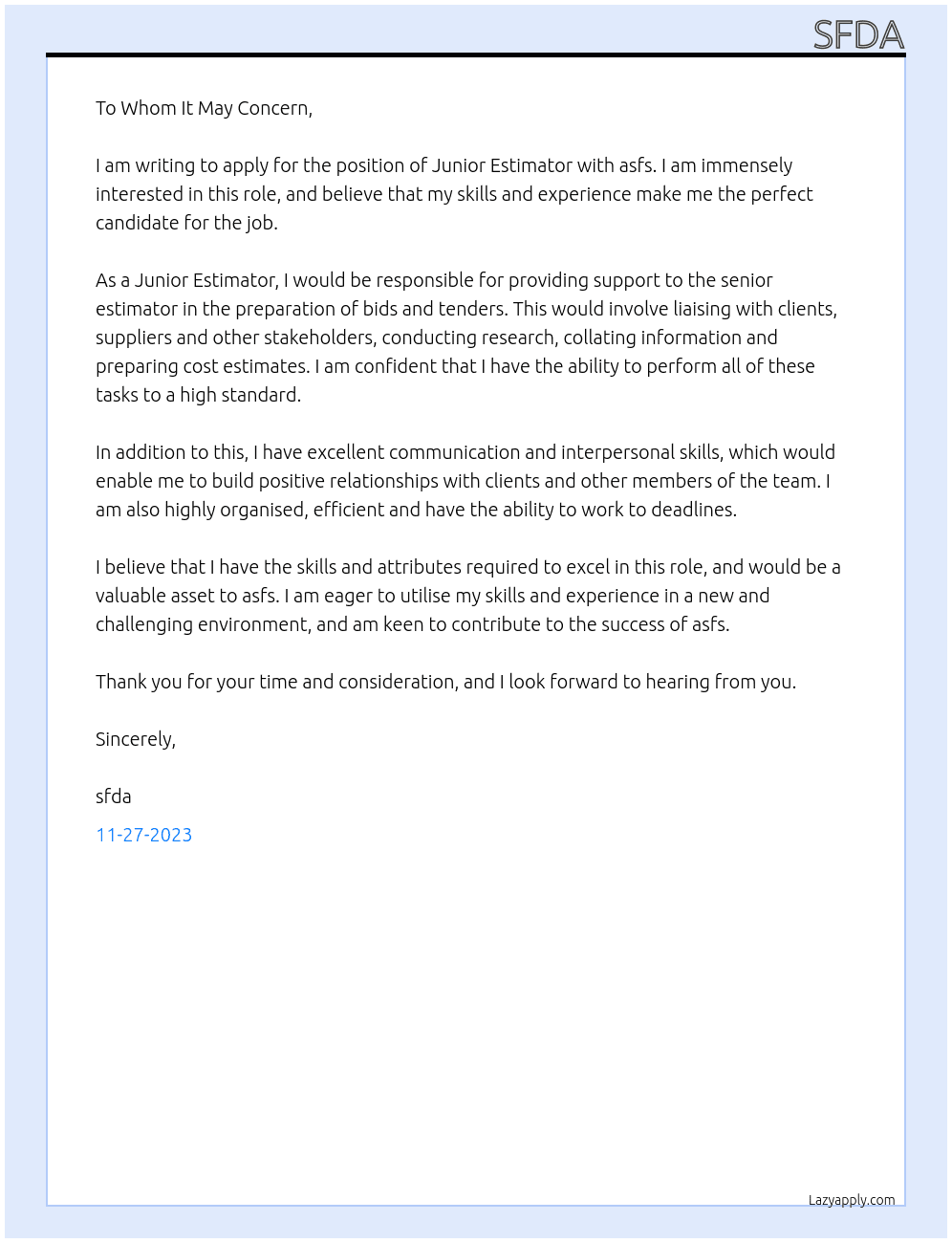 Junior Estimator At asfs Cover Letter