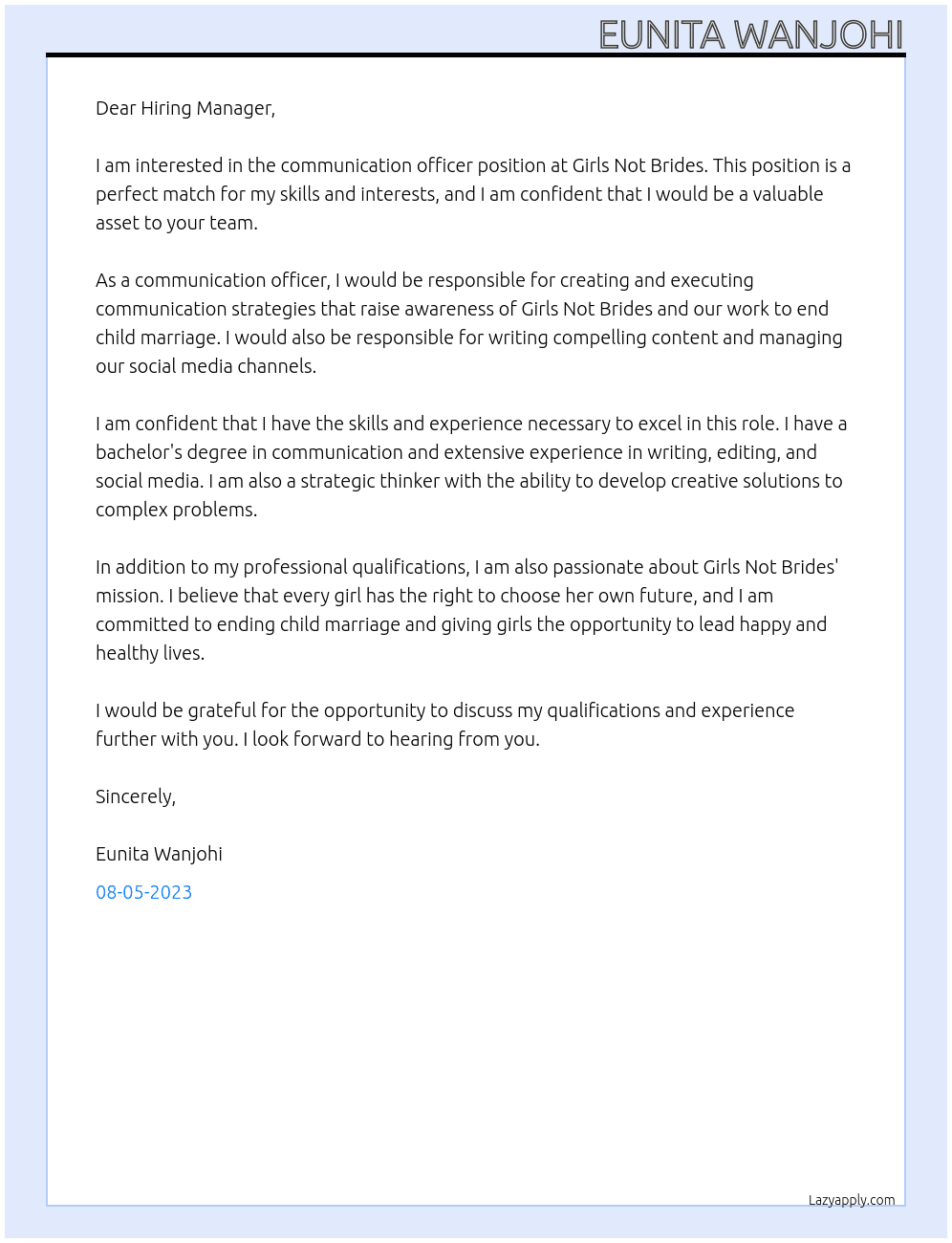 Communication officer  At Girls Not Brides Cover Letter