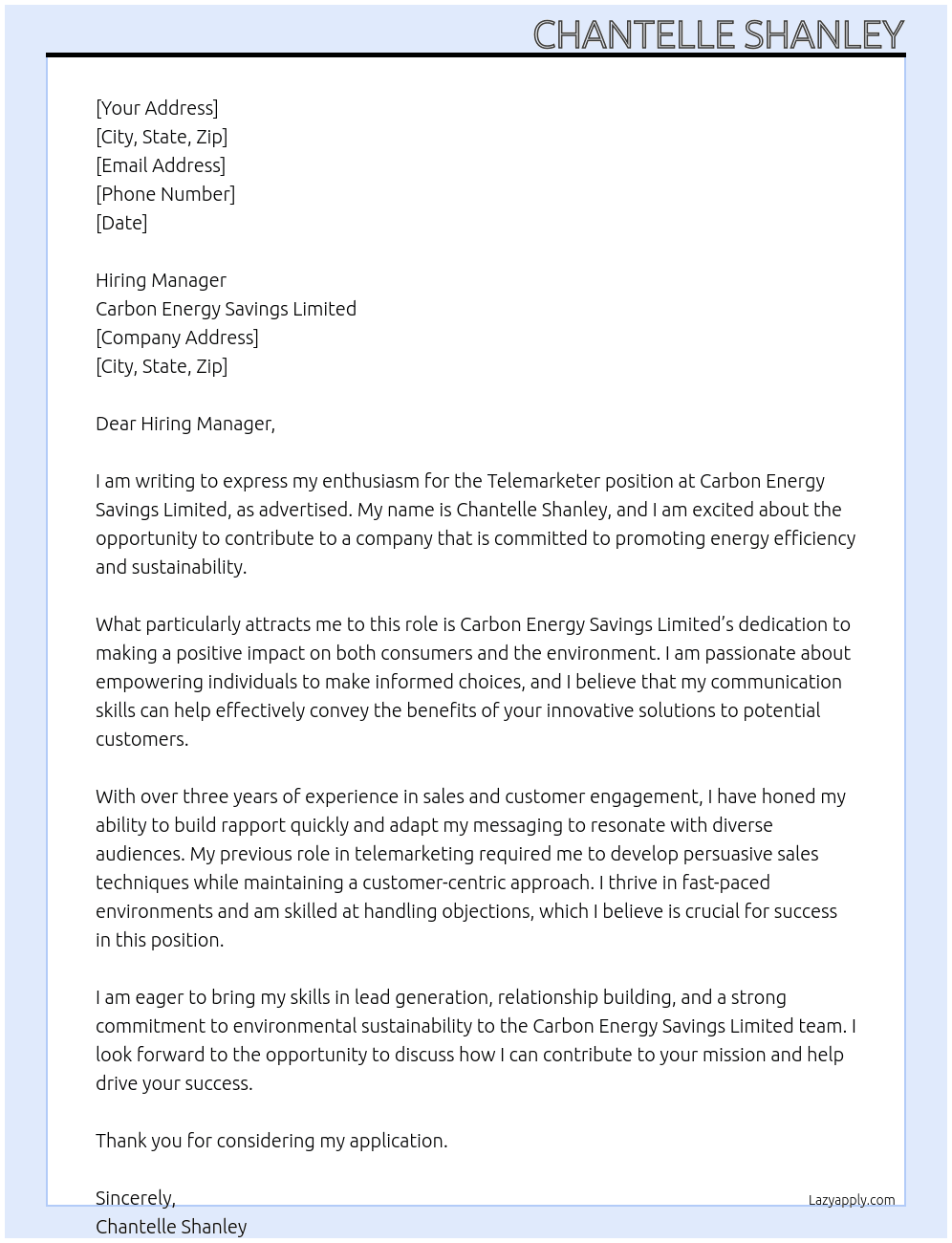 Telemarketer At Carbon Energy Savings Limited Cover Letter