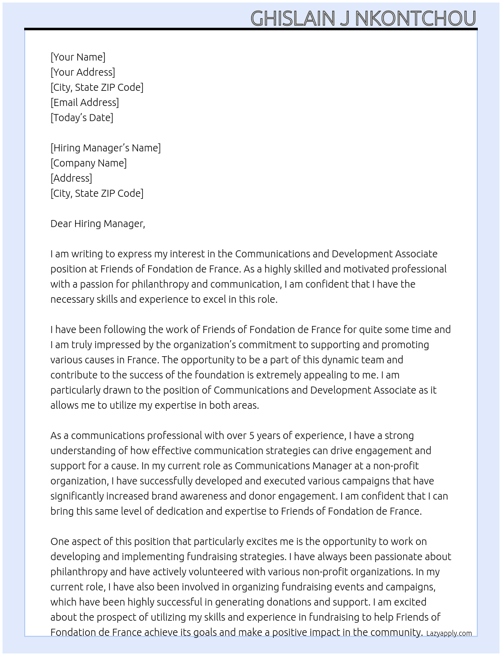 Communications and Development Associate At Friends of Fondation de France Cover Letter