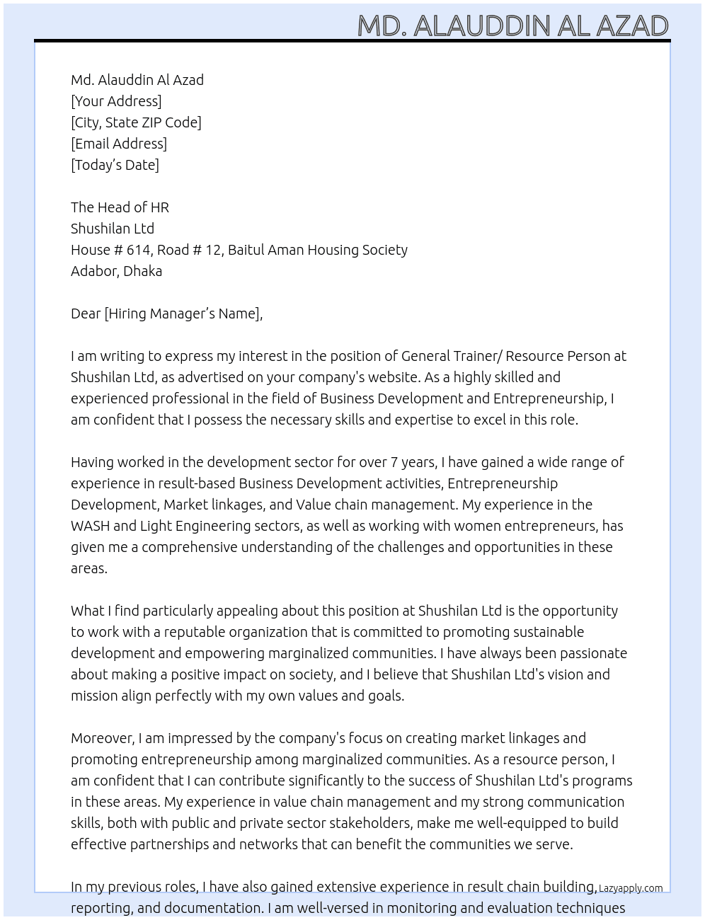 General Trainer/ Resource Person At Shushilan Ltd Cover Letter